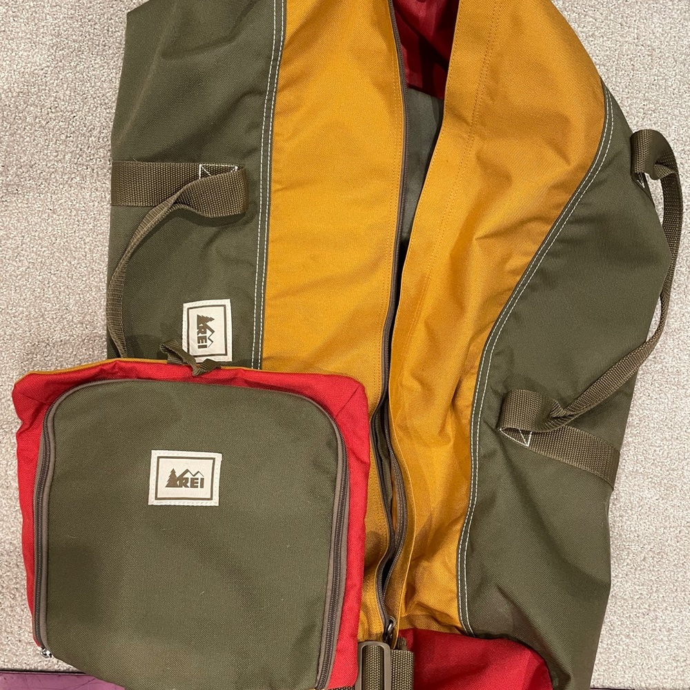 REI large duffle with a toiletries bag